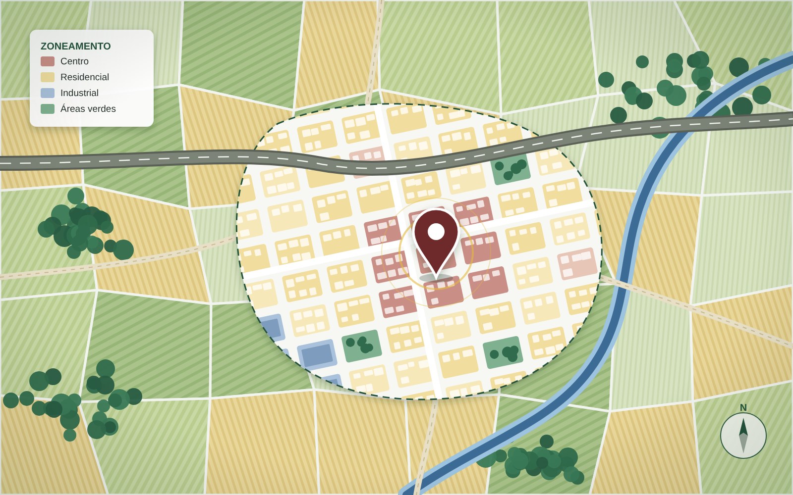 Ilustração de uma cidade vista de cima, com as quadras coloridas por zona: centro, residencial, industrial e áreas verdes, cercada por lavouras, um rio e a rodovia
